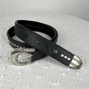 Vintage Genuine Leather Belt 32 Men’s Black Studded Silver Moto Western Goth